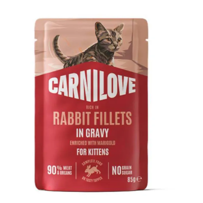 Carnilove Filets de lapin en sauce pour chatons, enrichis en souci, 90 % de viande et d'organes, sans céréales ni sucre, 85 g sachet.