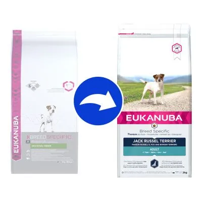 Förpackningsändring av Eukanuba Breed Specific Jack Russel Terrier Adult hundfoder, visar gammal och ny design sida vid sida med blå pil mellan.