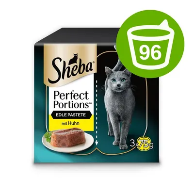 Sheba Perfect Portions Edle Pastete mit Huhn macskatáp csomagolás, 3×75 g, zöld ikonon 96-os szám látható