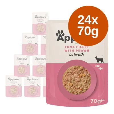 Applaws Tuna Fillet with Prawn in Broth macskatáplálék, 24×70 g tasakos kiszerelés, csomagoláson angol feliratok és macska sziluett látható.