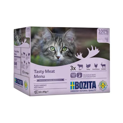 Balení Bozita Tasty Meat Menu pro kočky, 12×85 g. Viditelné texty: 3× Beef, Turkey, Extra Chicken, Reindeer, 100 % animal protein, grain free, Swedish natural ingredients.