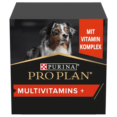 Purina Pro Plan Multivitamins+ mit Vitamin-Komplex. Verpackung zeigt einen Hund. Purina Pro Plan Multivitamins+ mit Vitamin-Komplex. Verpackung zeigt einen Hund.