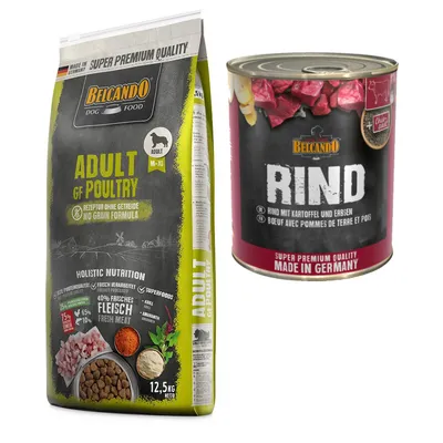 Belcando Adult Kombi-Paket: 12, 5 kg Trockenfutter Getreidefrei + 12 x 800 g Super Premium - 12,5 kg Geflügel + 12 x 800 g Rind mit Kartoffel & Erbsen