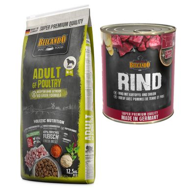 Belcando Adult Kombi-Paket: 12, 5 kg Trockenfutter Getreidefrei + 12 x 800 g Super Premium 12,5 kg Geflügel + 12 x 800 g Rind mit Kartoffel & Erbsen