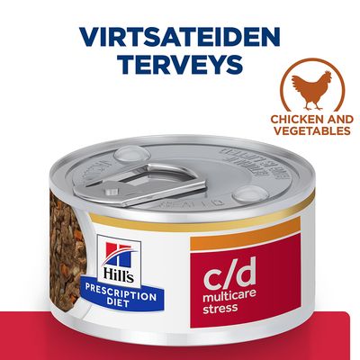 Hill's Prescription Diet c/d multicare stress -märkäruokapurkki. Teksti: virtsateiden terveys, chicken and vegetables. Kanan ja vihannesten maku.