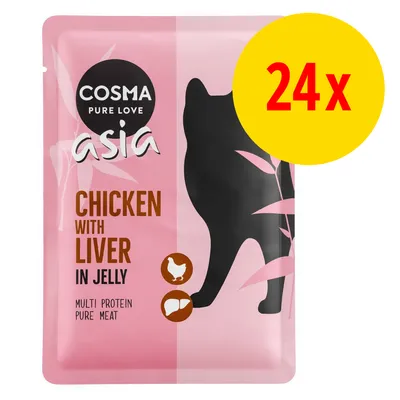 Cosma Asia Chicken with Liver in Jelly, 24x annospussi. Teksti: multi protein pure meat. Vaaleanpunainen pakkaus, musta kissasiluetti.