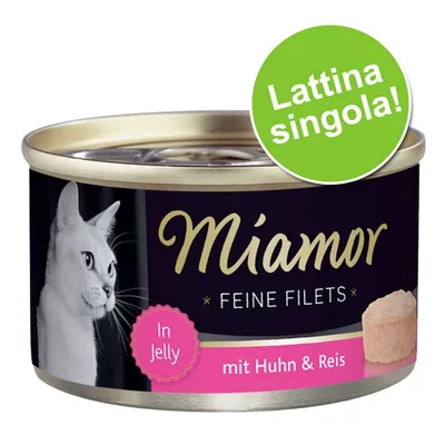 Miamor Feine Filets In Jelly mit Huhn & Reis, lattina singola. Immagine di una confezione con foto di un gatto bianco e scritta promozionale verde.