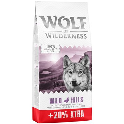 Wolf of Wilderness Wild Hills, recette 100% sans céréales, viande de poulet fresh avec du canard, baies sauvages, racines et herbes sauvages, +20% XTRA.