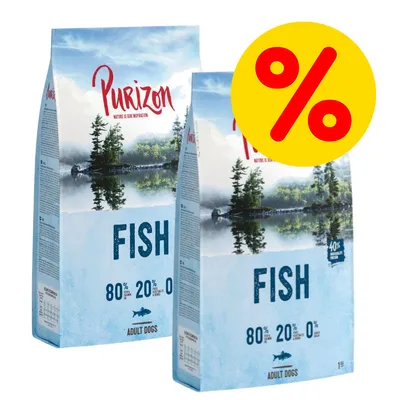 Purizon Fish hundefoder til voksne, 2 poser. Tekst: 80 % animalsk, 20 % planter, 0 % korn. Stor gul procent-tegn viser tilbud.