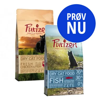 To poser Purizon tørfoder til katte, synlig tekst: DRY CAT FOOD, FRESH CHICKEN & FISH, FRESH-CAUGHT FISH, 70 % fisk, 30 % andre ingredienser. Blå cirkel med teksten PRØV NU.