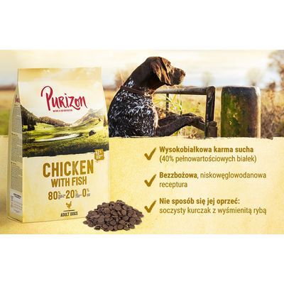 Purizon Chicken with Fish dla dorosłych psów. Wysokobiałkowa karma sucha (40% pełnowartościowych białek), bezzbożowa receptura, soczysty kurczak z rybą. Opakowanie i granulat widoczne.