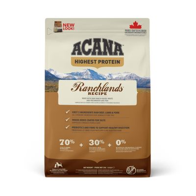 ACANA Highest Protein Ranchlands Recipe. Pierwsze 3 składniki: wołowina, jagnięcina, wieprzowina. Liofilizowany dla smaku. Prebiotyki i błonnik pokarmowy. 70% składników pochodzenia zwierzęcego, 30% pochodzenia roślinnego, 0% dodatków.