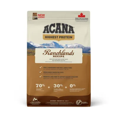ACANA Highest Protein Ranchlands Recipe. Pierwsze 3 składniki: wołowina, jagnięcina, wieprzowina. Liofilizowany dla smaku. Prebiotyki i błonnik pokarmowy. 70% składników pochodzenia zwierzęcego, 30% pochodzenia roślinnego, 0% dodatków. ACANA Highest Protein Ranchlands Recipe. Pierwsze 3 składniki: wołowina, jagnięcina, wieprzowina. Liofilizowany dla smaku. Prebiotyki i błonnik pokarmowy. 70% składników pochodzenia zwierzęcego, 30% pochodzenia roślinnego, 0% dodatków.