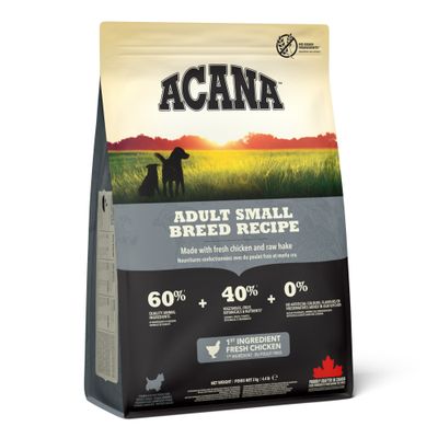 ACANA Adult Small Breed Recipe, 60% składników pochodzenia zwierzęcego, 40% warzyw/owoców, 0% sztucznych dodatków, główny składnik świeży kurczak, 340 g, wyprodukowana w Kanadzie.