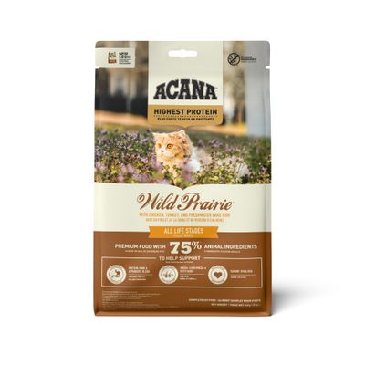 ACANA Wild Prairie, Highest Protein, met kip, kalkoen en zoetwatervis, 75% dierlijke ingrediënten, All Life Stages, premium kattenvoer, eiwit-, vezel- en omega-mix, taurine, DHA, EPA.