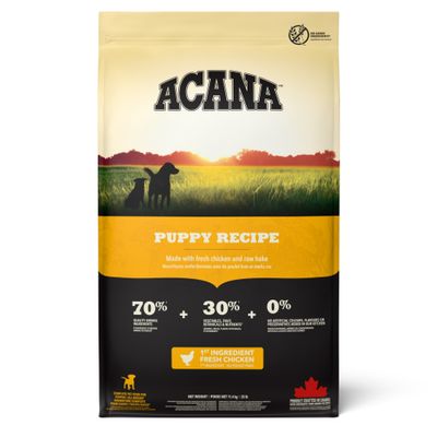 ACANA Puppy Recipe, główny składnik świeży kurczak, 70% składników pochodzenia zwierzęcego, 30% warzyw i owoców, 0% sztucznych dodatków, bez zbóż, wyprodukowana w Kanadzie.