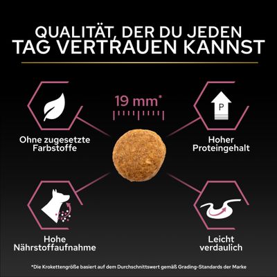 Krokettengröße 19 mm, ohne zugesetzte Farbstoffe, hoher Proteingehalt, hohe Nährstoffaufnahme, leicht verdaulich. Qualität, der du jeden Tag vertrauen kannst.