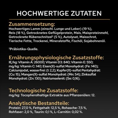 Zusammensetzung: Lamm, Reis, Geflügelprotein, Mais, Rübenschnitzel, Fischöl, Sojabohnenöl. Ernährungsphysiologische und technologische Zusatzstoffe sowie Analysewerte sind angegeben.