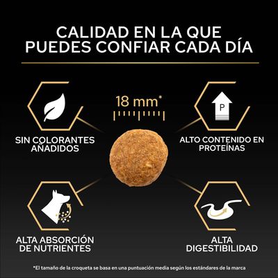 Tamaño de croqueta 18 mm, sin colorantes, alto contenido de proteínas, alta absorción de nutrientes y alta digestibilidad. Calidad en la que puede confiar cada día.