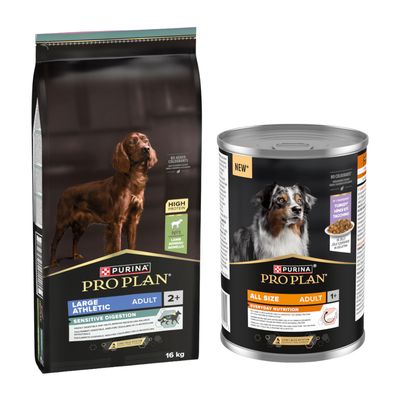 PURINA PRO PLAN Large Athletic Adult tørfoder med kylling, 16 kg, og PRO PLAN All Size Adult vådfoder med kalkun, synlige produktemballager.