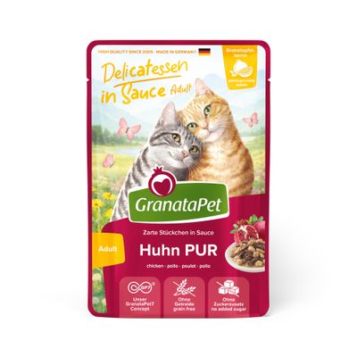 GranataPet Delicatessen în sos Adult Pui PUR, bucăți fragede în sos, fără cereale, fără adaos de zahăr, cu semințe de rodie, Fabricat în Germania.