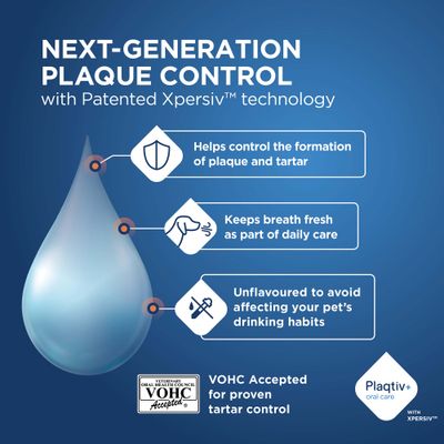 Plaqtiv+ mit Xpersiv-Technologie: hilft Plaque und Zahnstein zu kontrollieren, hält Atem frisch, geschmacksneutral, VOHC-zertifiziert für bewiesene Zahnstein-Kontrolle.