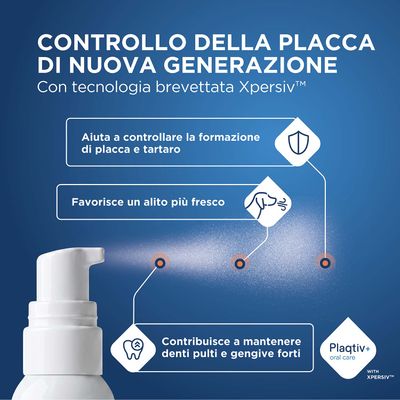 Plaqtiv+ oral care con tecnologia Xpersiv: aiuta a controllare la placca e il tartaro, favorisce un alito fresco, sostiene denti puliti e gengive sane.