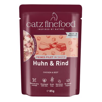 catz finefood Feines Filet in Sauce, Huhn mit Karotten, Made in Germany, getreidefrei, ohne Zuckerzusatz, 85g Beutel, Natural prey concept, entwickelt mit Tierärzten.