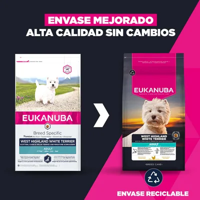 Eukanuba West Highland White Terrier Adulto, nuevo diseño de envase reciclable, misma alta calidad. A la izquierda se muestra el envase antiguo, a la derecha el nuevo envase.