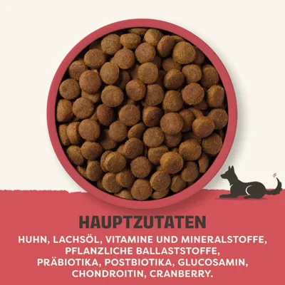 Hauptzutaten: Huhn, Lachsöl, Vitamine und Mineralstoffe, pflanzliche Ballaststoffe, Präbiotika, Postbiotika, Glucosamin, Chondroitin, Cranberry.