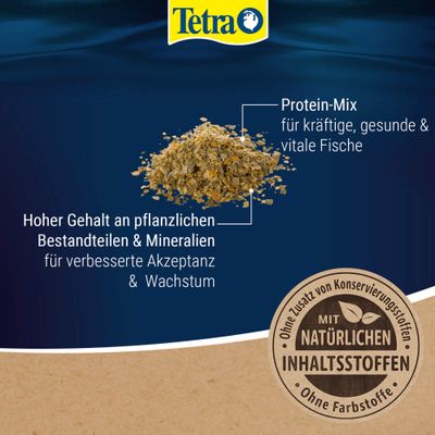 Tetra Protein-Mix für kräftige, gesunde und vitale Fische. Hoher Gehalt an pflanzlichen Bestandteilen und Mineralien für verbesserte Akzeptanz und Wachstum. Mit natürlichen Inhaltsstoffen.