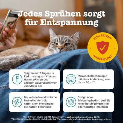 Jedes Sprühen sorgt für Entspannung. Zum Patent angemeldet. Reduziert Stress bei Katzen, Mikronebeltechnologie bis 90 m², veterinärmedizinische Formel, kein Erhitzungsbedarf.