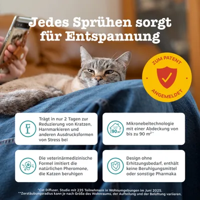 Jedes Sprühen sorgt für Entspannung. Zum Patent angemeldet. Reduziert Stress bei Katzen, Mikronebeltechnologie bis 90 m², veterinärmedizinische Formel, kein Erhitzungsbedarf. Jedes Sprühen sorgt für Entspannung. Zum Patent angemeldet. Reduziert Stress bei Katzen, Mikronebeltechnologie bis 90 m², veterinärmedizinische Formel, kein Erhitzungsbedarf.