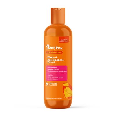 Zesty Paw bőr- & szőr lazacolaj formula: célzott támogatás a száraz, viszkető bőrre, érzékeny bőrre és száraz, fakó szőrzetre. Szabadalmaztatás alatt.