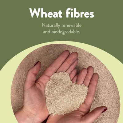 Wheat fibres, naturally renewable and biodegradable. Hands holding a portion of the fibres.