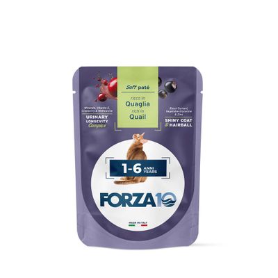 FORZA10 Soft Paté, reich an Wachtel. Urinary Longevity Complex mit Cranberry, Vitamin E, Methionin. Shiny Coat & Hairball mit Schwarzer Johannisbeere, Zink. Für 1-6 Jahre. Made in Italy.