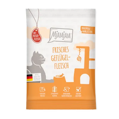 Mjamjam Frisches Geflügelfleisch, mit Frischfleisch, knusprige Mahlzeiten, beste Qualität aus deutscher Herstellung, 79% tierisches Protein, getreidefreie Rezeptur, ausreichend Taurin enthalten, sehr hohe Akzeptanz.
