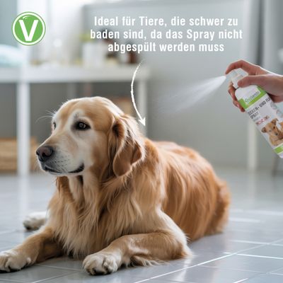 Spray állatokra permetezhető. Szöveg: Ideális olyan állatok számára, amelyeket nehéz megfürdetni, mivel a spray-t nem kell leöblíteni.