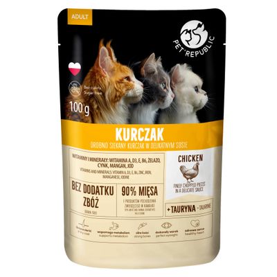 Pet Republic Kurczak, 100g. Ohne Zucker, ohne Getreide, 90% Fleisch, mit Taurin, Vitaminen und Mineralien. Unterstützt Stoffwechsel, starke Knochen, gutes Sehvermögen, gesundes Herz.