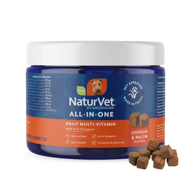 NaturVet voedingssupplement voor honden All-in-One Daily Multivitamine met 4-in-1 ondersteuning - 120 kauwsnacks NaturVet voedingssupplement voor honden All-in-One Daily Multivitamine met 4-in-1 ondersteuning - 120 kauwsnacks