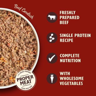 Oksekødsgullasch, frisktilberedt oksekød, Single Protein opskrift, komplet ernæring, med grøntsager af høj kvalitet, Proper Meat med frisktilberedt kød.