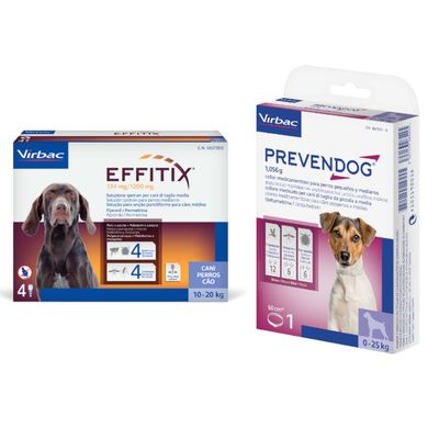 Pack de Virbac PREVENDOG collar para perros grandes y EFFITIX solución spot-on para perros medianos, con símbolo de porcentaje indicando oferta o descuento visible.