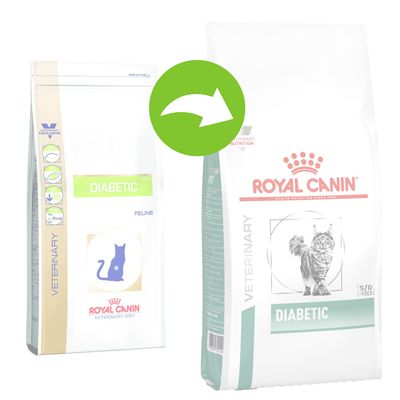 Royal Canin Diabetic -kissanruokapakkausten ulkoasun muutos: vanha ja uusi pakkaus vierekkäin, molemmissa teksti DIABETIC ja kissakuva