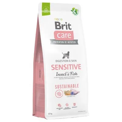 Brit Care Digestion & Skin Sensitive Insect & Fish, Sustainable, 12 kg. Widoczne ikony: olej z owadów, zdrowy mikrobiom, odporność. Tekst: Prevention by Nutrition. Brit Care Digestion & Skin Sensitive Insect & Fish, Sustainable, 12 kg. Widoczne ikony: olej z owadów, zdrowy mikrobiom, odporność. Tekst: Prevention by Nutrition.