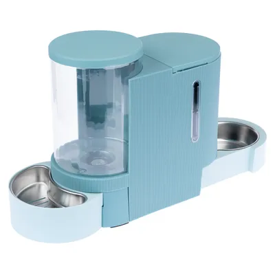 Futter- und Wasserspender aus Kunststoff mit zwei Edelstahl-Näpfen, transparentem Behälter und Wasserstandsanzeige. Farbe: Hellblau.
