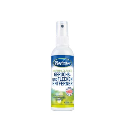 Bactador Microbiological Odour and Stain Remover, embalagem e frasco spray de 750 ml. Texto visível em alemão e inglês. Selo 'Original dermatest Excellent 2009'.