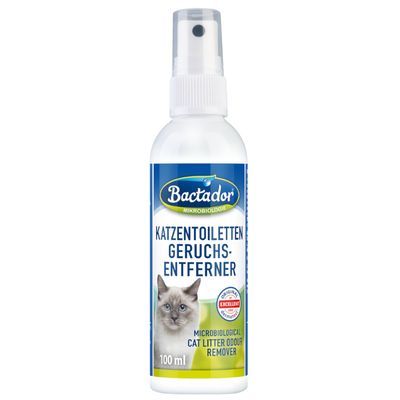 Bactador spray 100 ml, tekst: Katzentoiletten Geruchs-Entferner, Microbiological Cat Litter Odour Remover. Afbeelding van kat op het etiket.