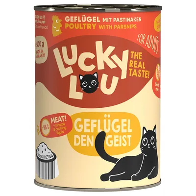 Lucky Lou fjäderfä med palsternacka, 400g burk. För vuxna katter, spannmålsfri, över 96 % köttandel inklusive inälvor och kokvätska. Tillverkad i Tyskland.