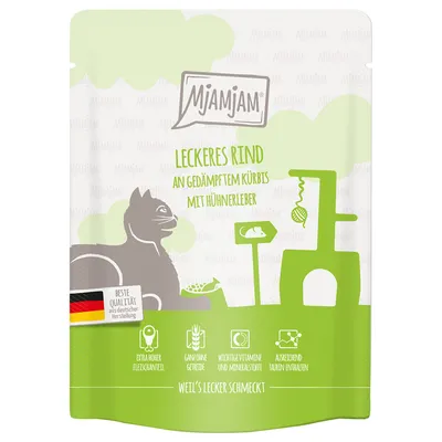Mjamjam deliciosa ternera con calabaza al vapor y hígado de pollo. Alta calidad alemana, extra alto contenido de carne, sin cereales, vitaminas esenciales y suficiente taurina.
