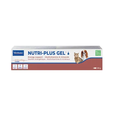 Virbac NUTRI-PLUS GEL, 120 g, soutien énergétique, multivitamines et minéraux, images d’un chat et d’un chien, texte en anglais et français sur l’emballage.